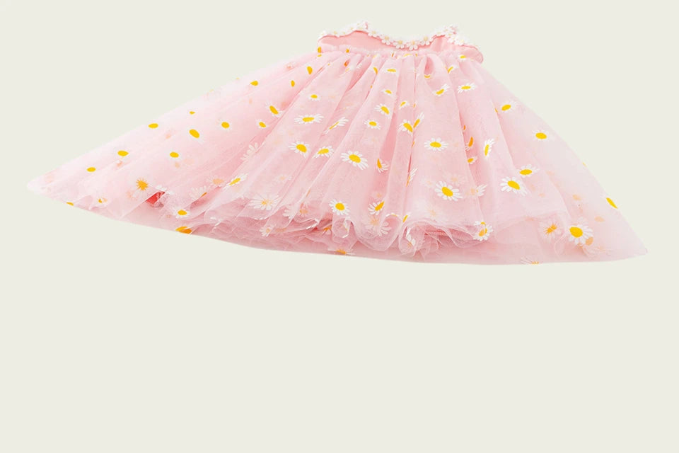 2026 Summer Girls Sling Dress Cute Daisy Print Tulle Skirt Casual Party Dress Kids Princess Dress with Lace Flower Trim 2-8Years