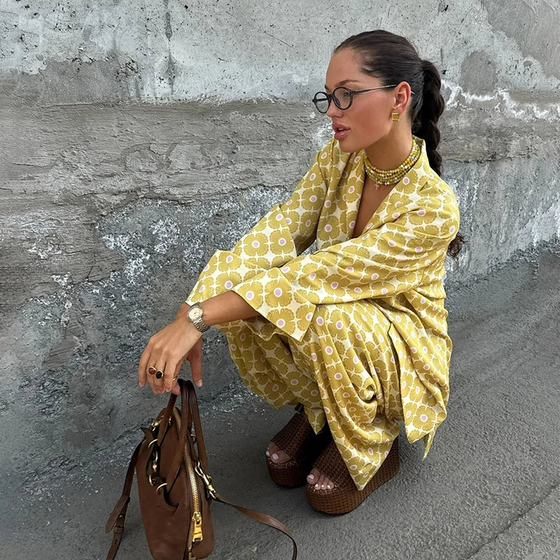 Loose Geometric Print Shirt Pant Sets for Women Ribbon Lapel Full Sleeve Pocket Shirts Wide Leg Trouser Summer Casual Suits