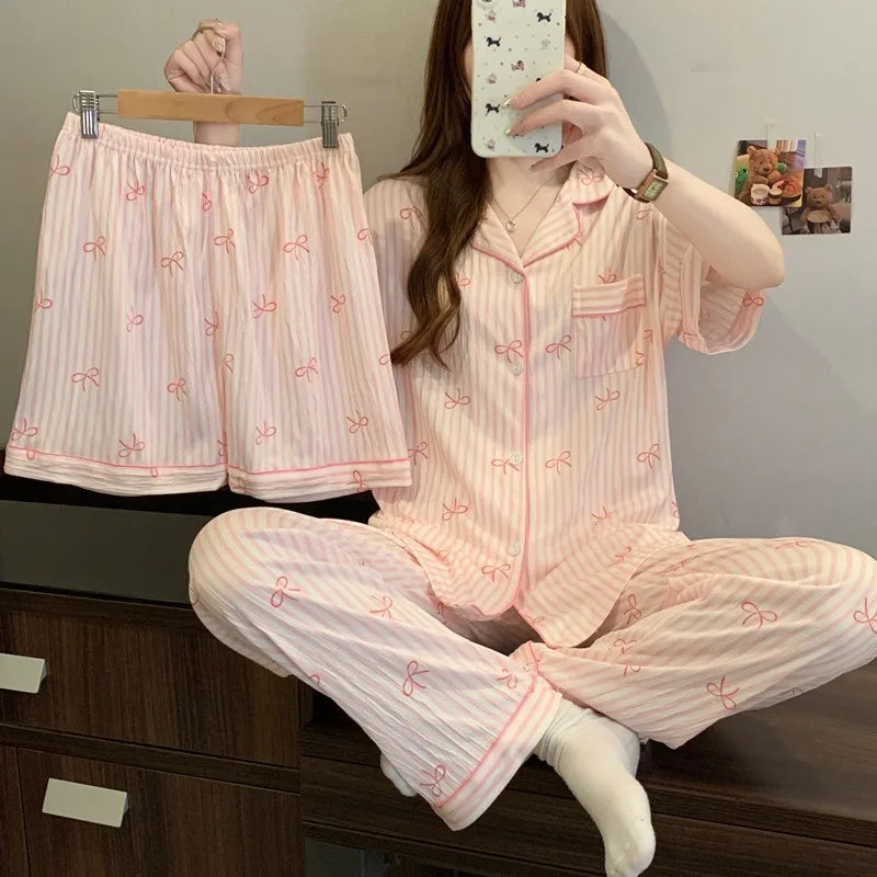 Women's Printed Pajamas Homewear Short Sleeves Trousers Shorts Three-piece Set Spring and Autumn New Women's Clothing