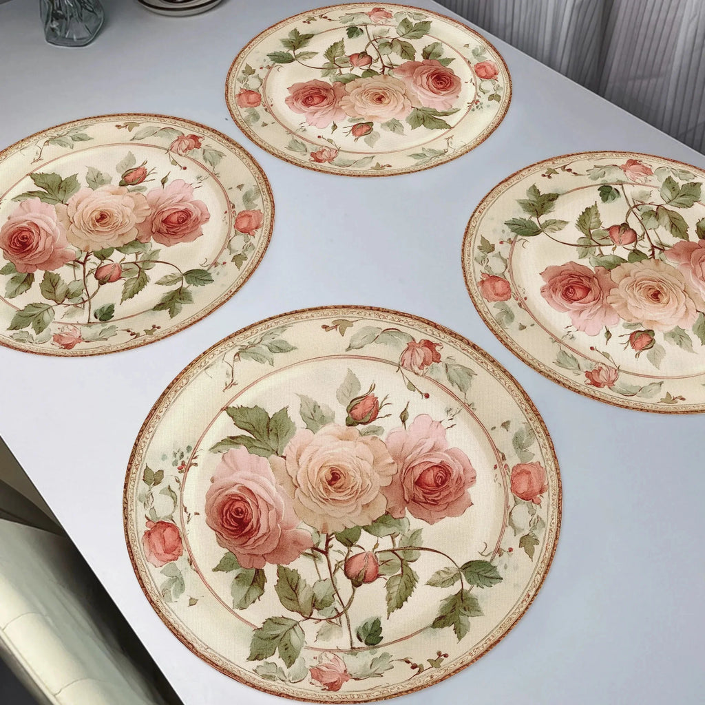 Elegant Pink Rose Placemats - Set of 4 | Non-Slip, Heat Resistant, Vintage Floral Design | Machine Washable 15" Dining Mats