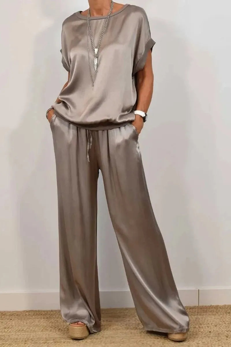 2-piece Set Fashion Satin O Neck T-shirt Top Trousers Summer Retro Elegant Casual Loose Wide-leg Pants Female Home Clothing Suit