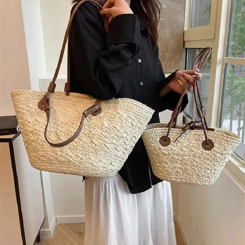 Women's Woven Straw-Style Bucket Tote Bag