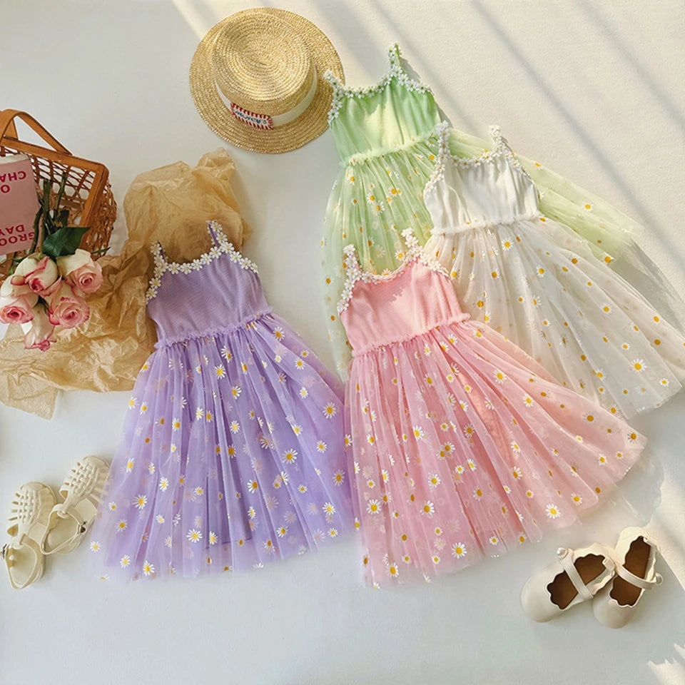 2026 Summer Girls Sling Dress Cute Daisy Print Tulle Skirt Casual Party Dress Kids Princess Dress with Lace Flower Trim 2-8Years