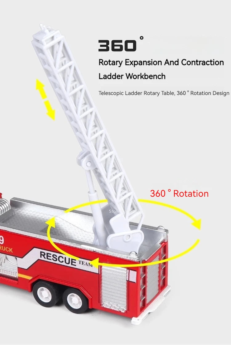 1:32 Fire Truck Model Toy Car Alloy Body Rubber Tire Music Light Pull Back Climbing Water Tank 119 Vehicles Models Toys Gifts