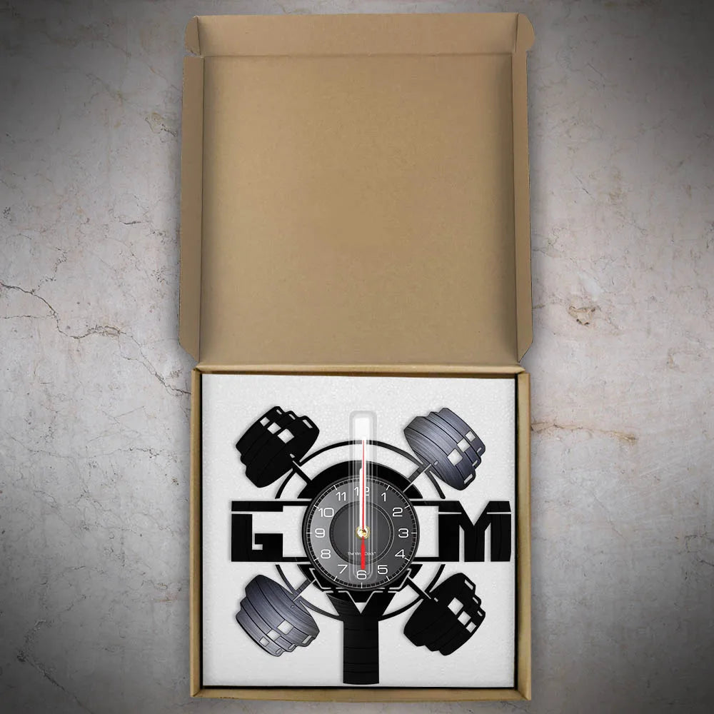 Fitness Equipment Theme Vinyl Record Fitness Wall Clock Home Decoration LED Backlight Modern Fitness Watch