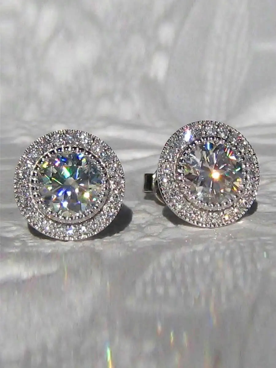 Bridal Sparkling Round Stone Earrings – Full Drill Silver Flower Design