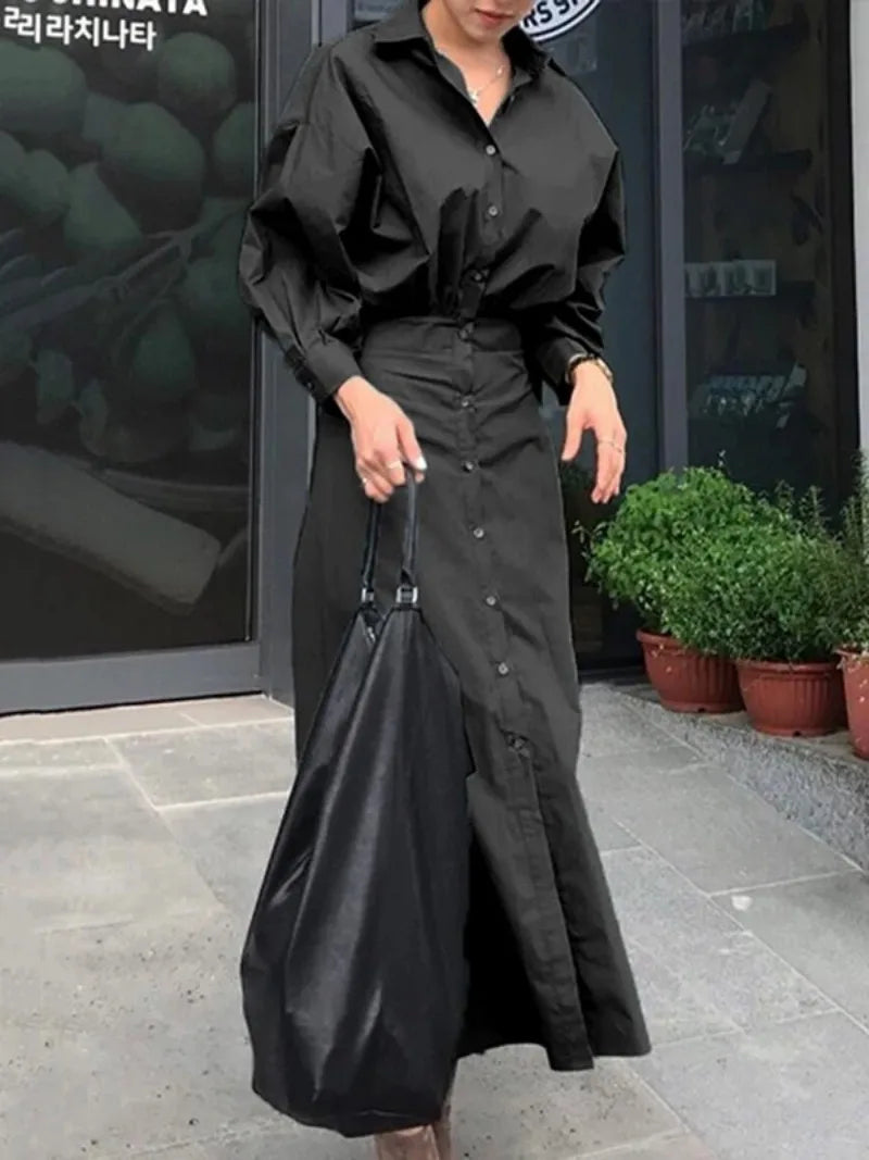 Women's Summer Long Dresses 2026 Spring Fall New Clothes Blue Puff Sleeves Botton Simple Casual Maxi Shirts Dresses for Women