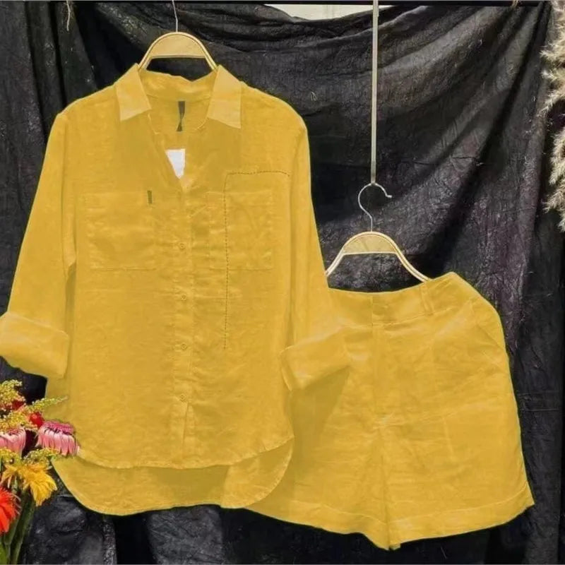 Summer Cotton Linen Casual Home 2 Piece Set For Women Fashion White Long Sleeve Shirt And Shorts Two Piece Sets Tracksuit