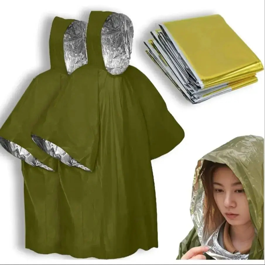 4X Survival Gear kit, Emergency Poncho (2pc), Emergency Space Blanket (2pc), Mylar Liner - Retains 92% Body Heat