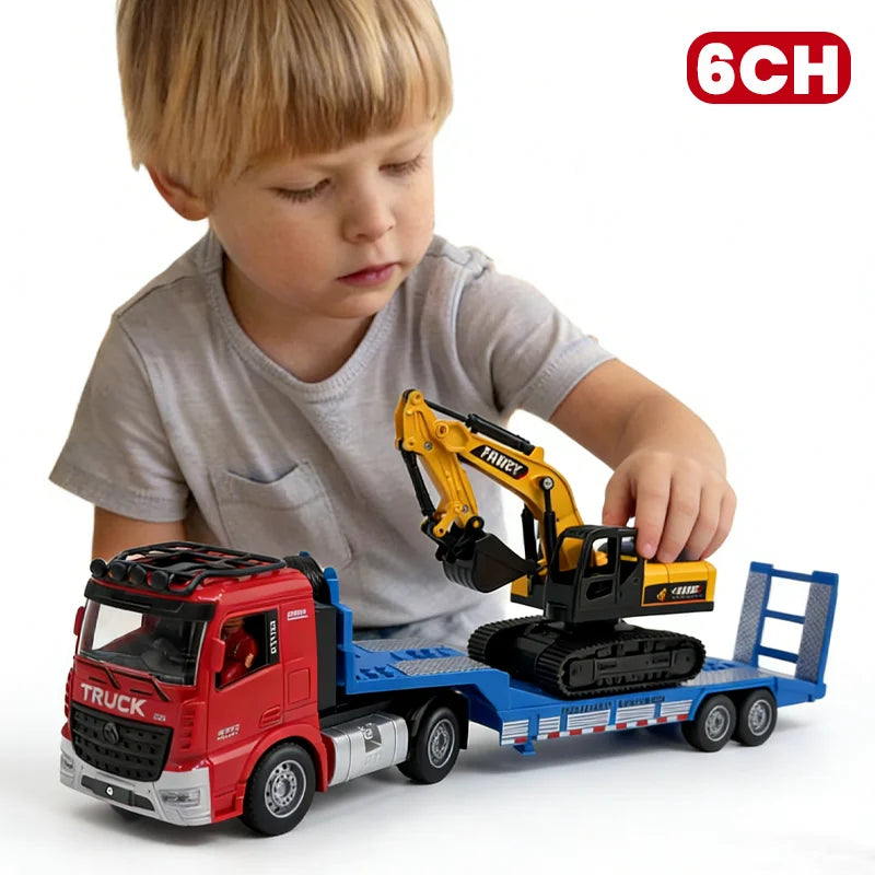Large Flatbed Semi Truck Toy for Kids With Excavator 2-in-1 Alloy Engineer Vehicle 2.4G RC Car Toy for 2-5 Year Old Boy and Girl