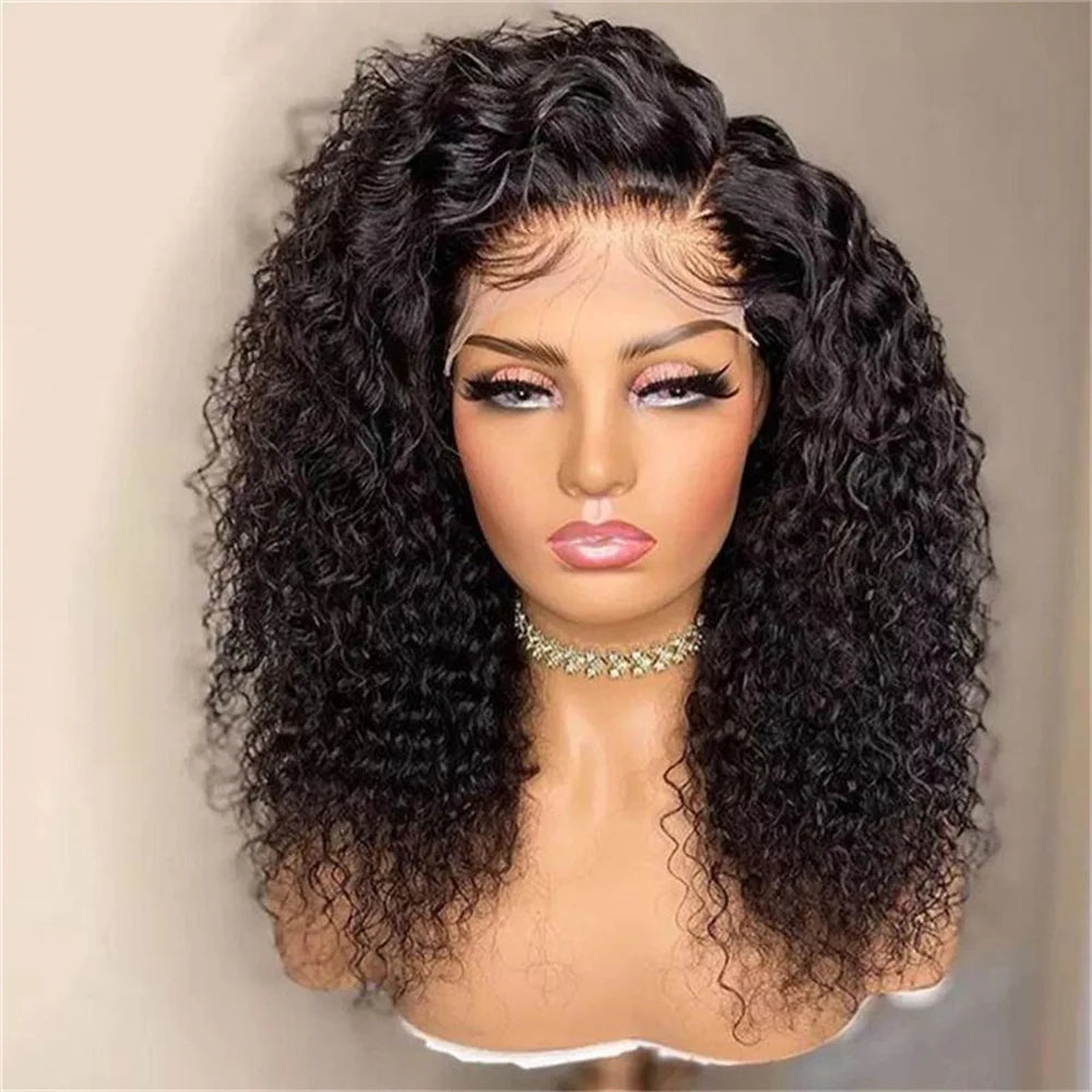 Soft Natural Black Long 26Inch Glueless Kinky Curly Lace Front Wig For Women With Baby Hair Synthetic Preplucked Daily