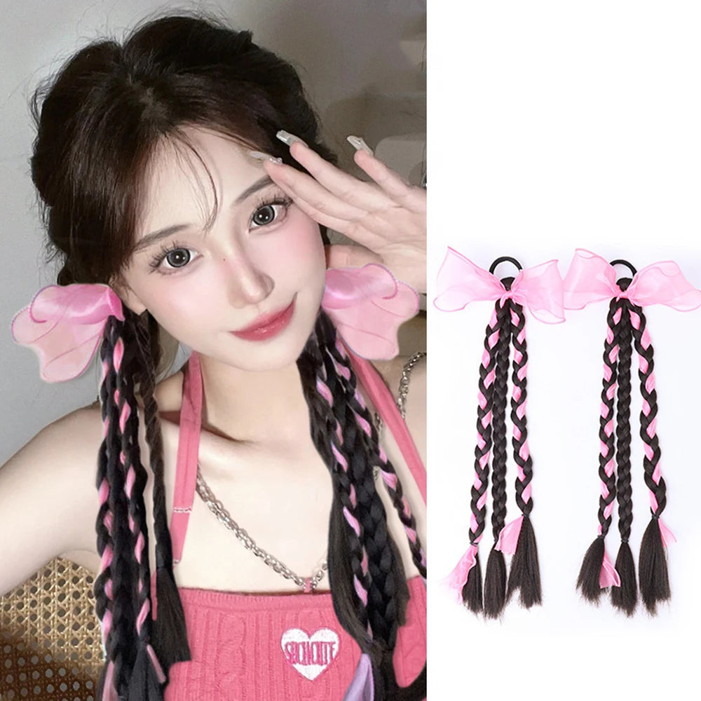 1PC Colorful Bow Wig Braids Hair Rings Ponytail Sweet Cool Twist Long Braids Hair Tie For Girls Women