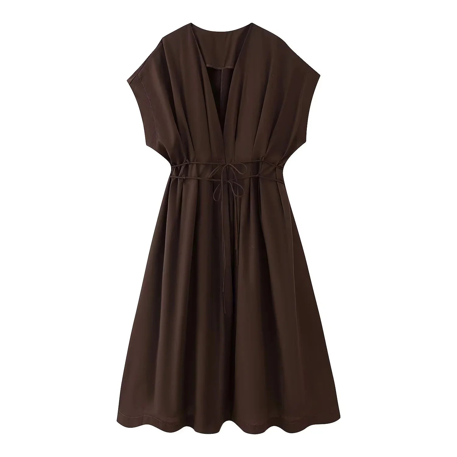 KONDALA Spring Summer Vintage Women Dress Fashion Single Breasted Sashes Draped V Neck Sleeveless Chic Brown Ladies Dresses