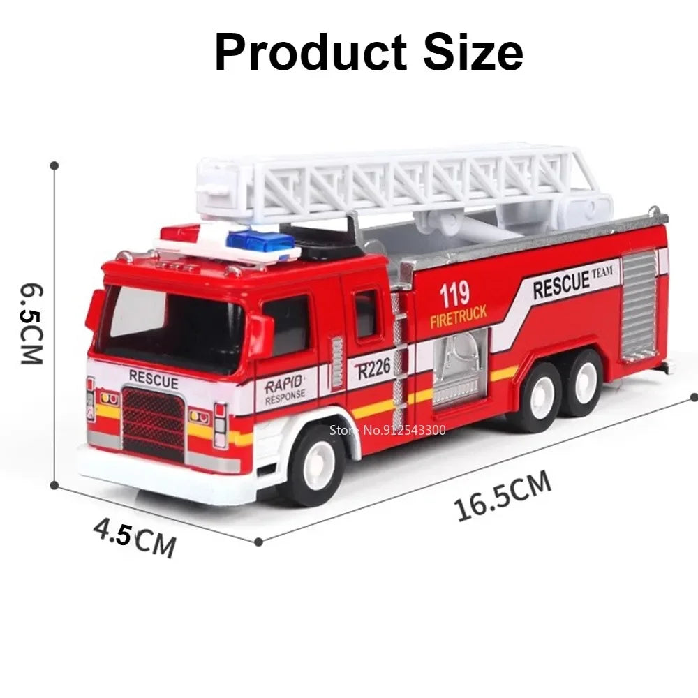 1:32 Fire Truck Model Toy Car Alloy Body Rubber Tire Music Light Pull Back Climbing Water Tank 119 Vehicles Models Toys Gifts