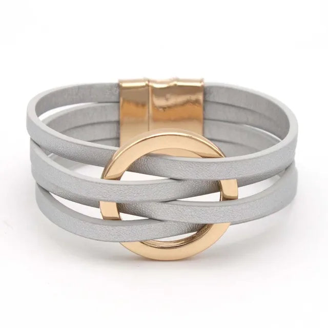 Women's Multilayer Leather Wrap Bracelet – Magnetic Clasp Wide Bangle | Punk Fashion Jewelry