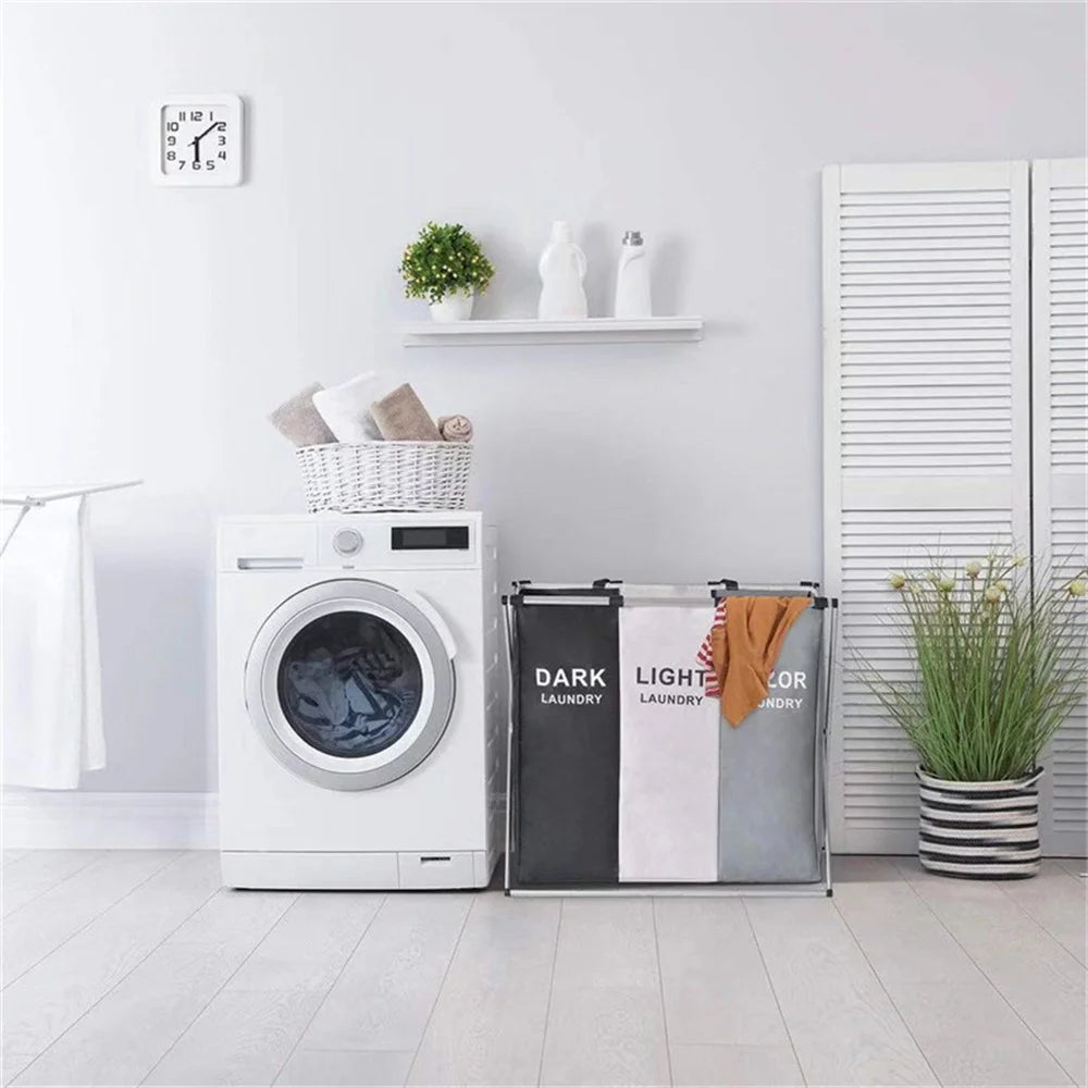 3 Grids Foldable Laundry Basket Large Capacity Toys Clothes Organizer Aluminum Bracket Waterproof Bathroom Laundry Basket Hamper