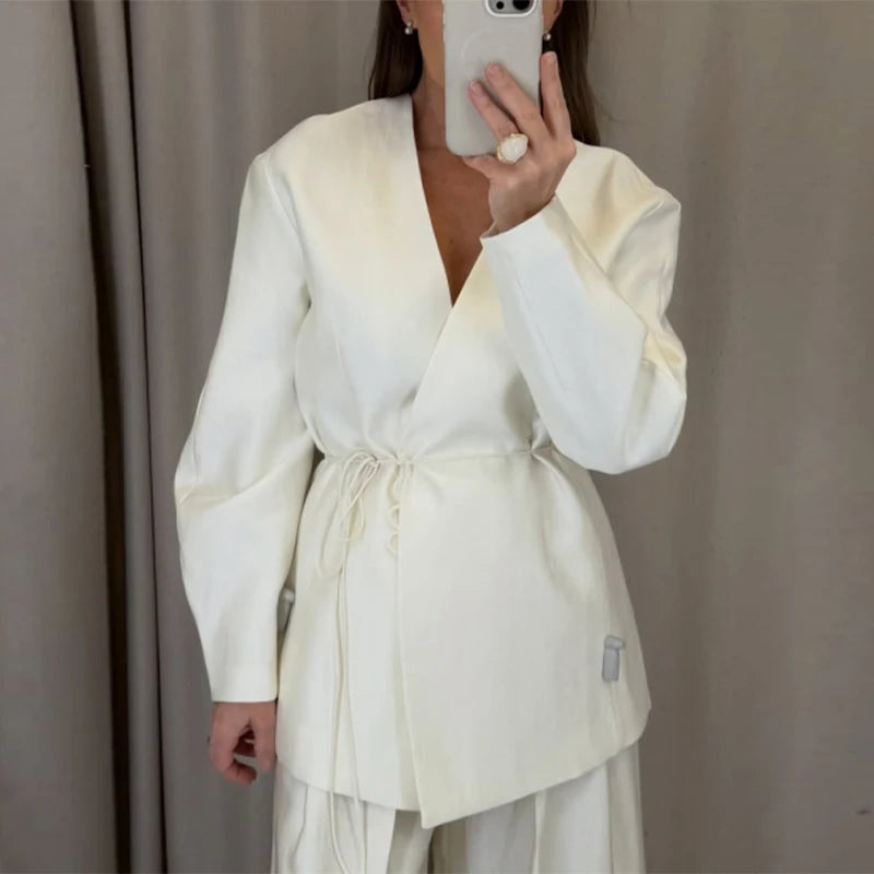 Elegant Stain Loose Jacket Pants Suit Women Solid Lace Up Full Sleeve V-neck Jackets Wide Leg Trousers Fashion Street Sets Lady