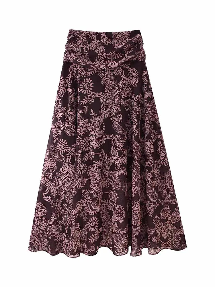 HH 2026 Woman New Early Spring Fashion Chiffon Printing Pleated Decoration Large Hem Midi Skirt Female Casual Chic Party Skirt
