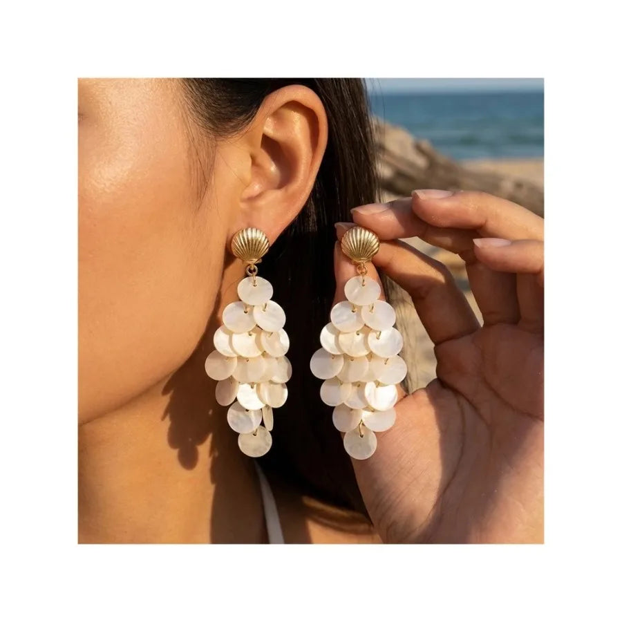 Boho Shell & Starfish Drop Earrings | White Acrylic Tassel Dangle | Beach Vacation Jewelry