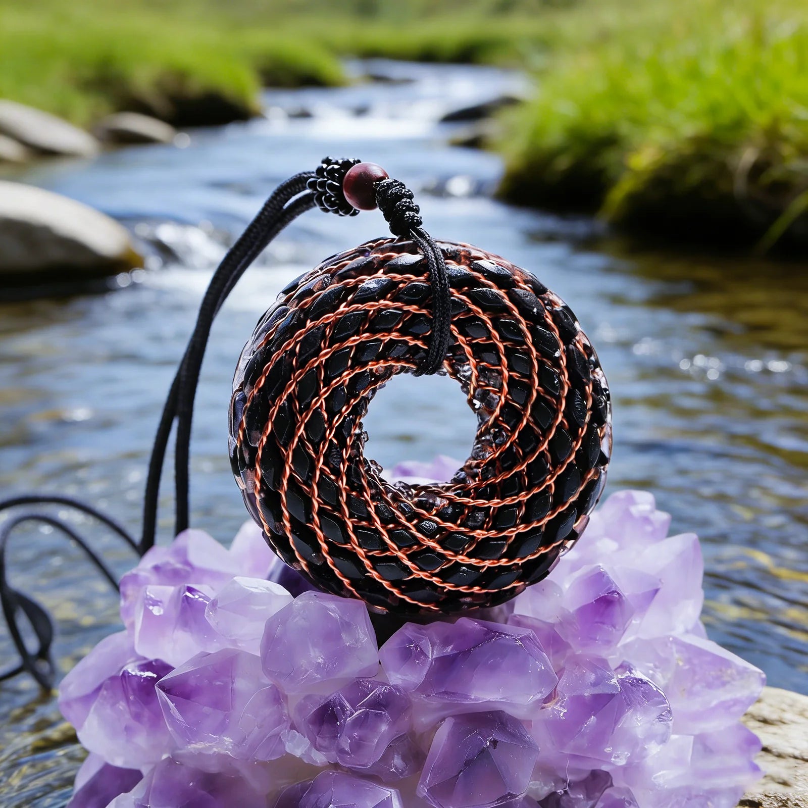 Rodin Coil & Amethyst  Orgone Pendant Necklace, Handmade pendant jewelry ，Adjustable Chain for Women & Men