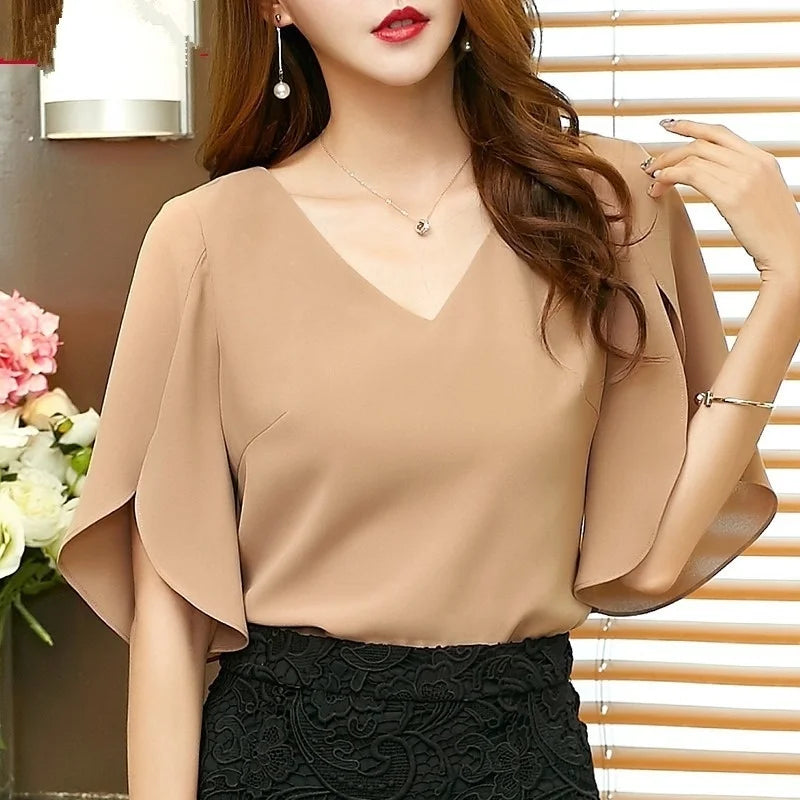 Women's Ruffled V-Neck Chiffon Blouse