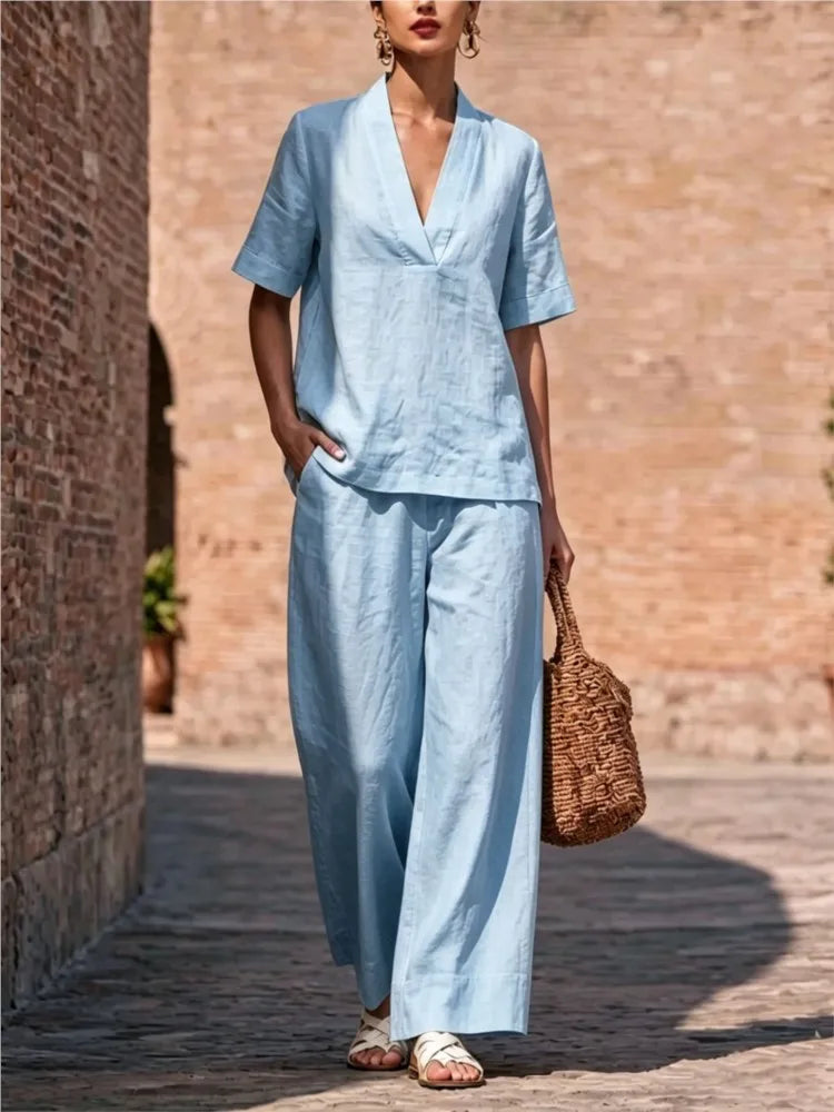 Summer Casual V-neck Short-sleeved Women Trousers 2-piece Set Fashion Casual Loose Wide-leg Trousers Female Lazy Daily Suit 2026