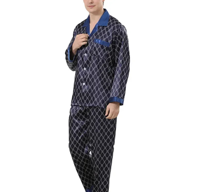 Men's Satin Ice Silk Printed Pajama Set – Long Sleeve Top & Pants, 10 Prints, Sizes L–3XL