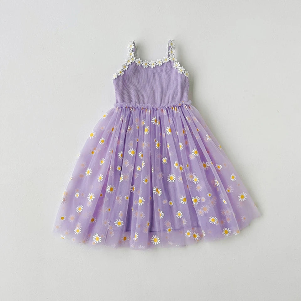 2026 Summer Girls Sling Dress Cute Daisy Print Tulle Skirt Casual Party Dress Kids Princess Dress with Lace Flower Trim 2-8Years