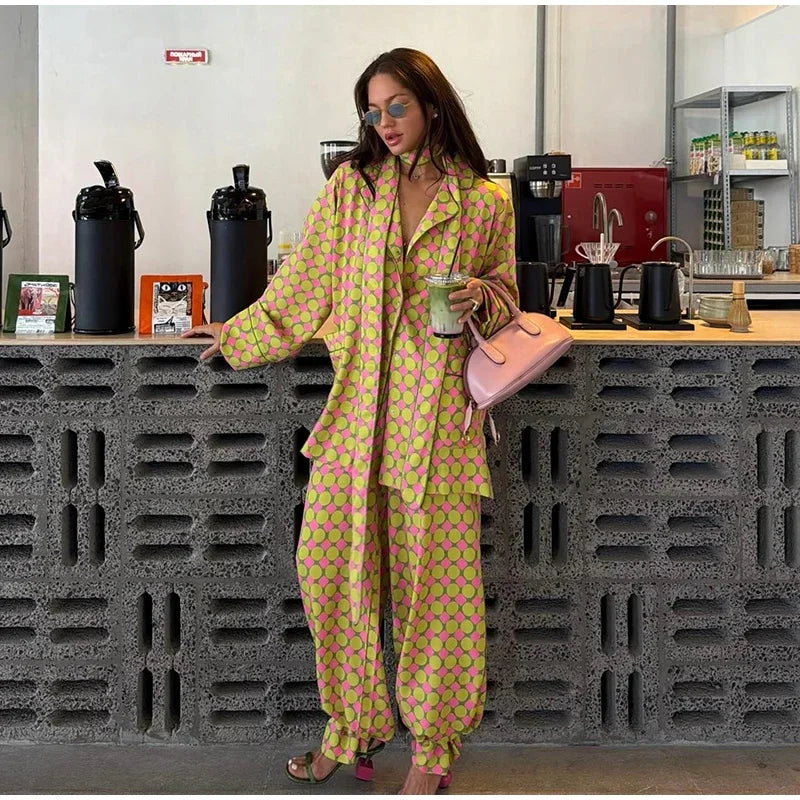 Loose Geometric Print Shirt Pant Sets for Women Ribbon Lapel Full Sleeve Pocket Shirts Wide Leg Trouser Summer Casual Suits