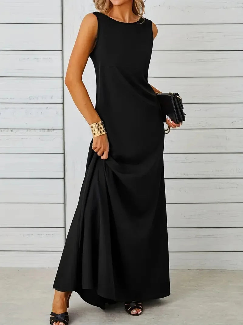 2026 Women's Summer Elegant Long Dress Fashion Solid Sleeveless O-neck Temperament Slim Maxi Dress Ladies A-line Casual Dress