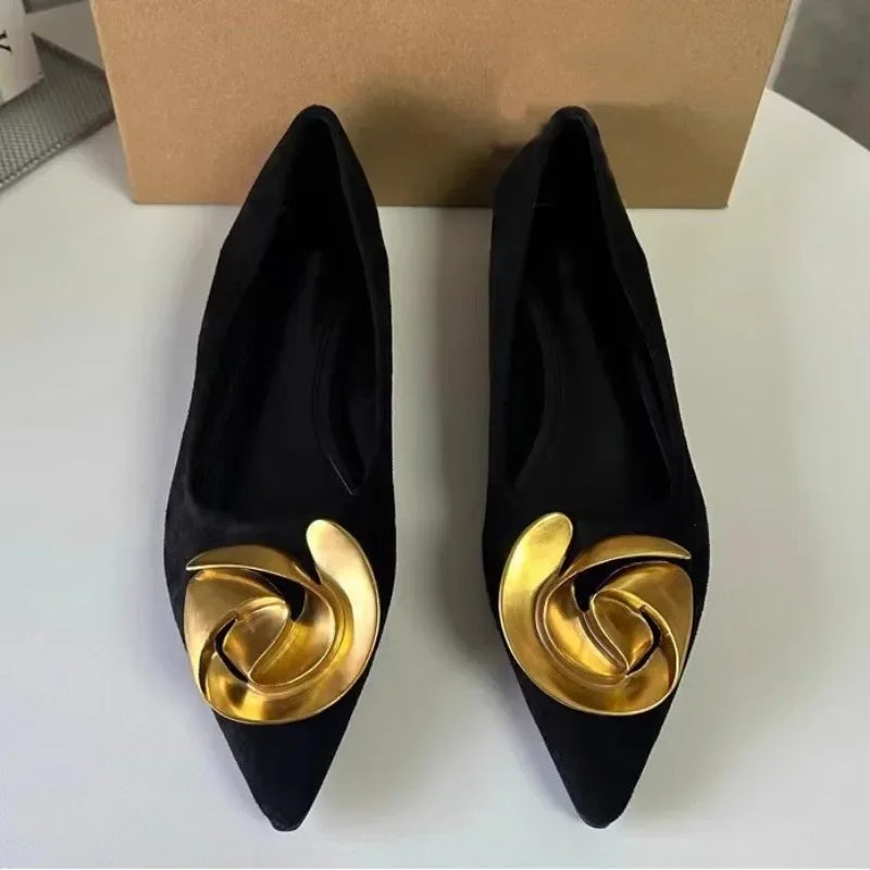 Women's Metal Flower Flock Pointed Toe Flats
