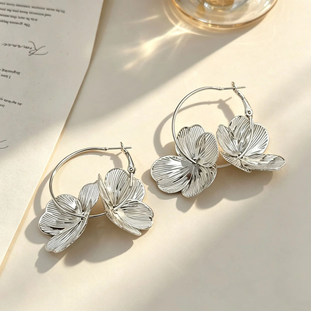 Vintage Layered Flower Dangle Hoop Earrings – Two-Tone Bohemian Floral Drop Earrings for Women