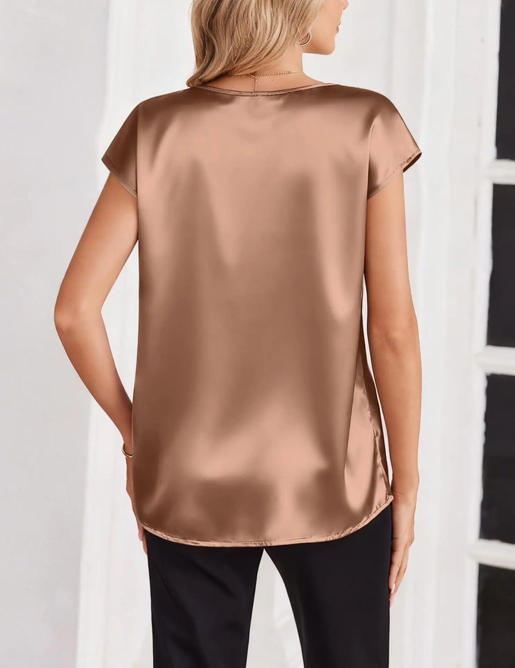 Women's Satin V-Neck Short Sleeve Blouse