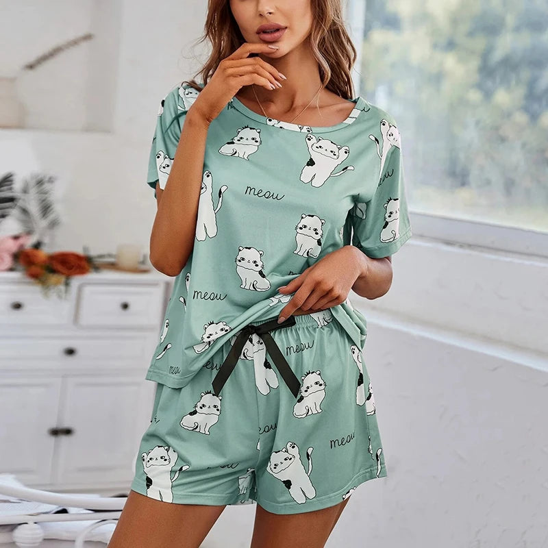 Women’s Cartoon Cat Print Short Sleeve Pajama Set – 2-Piece Shorts PJ Set, Sizes S–1XL