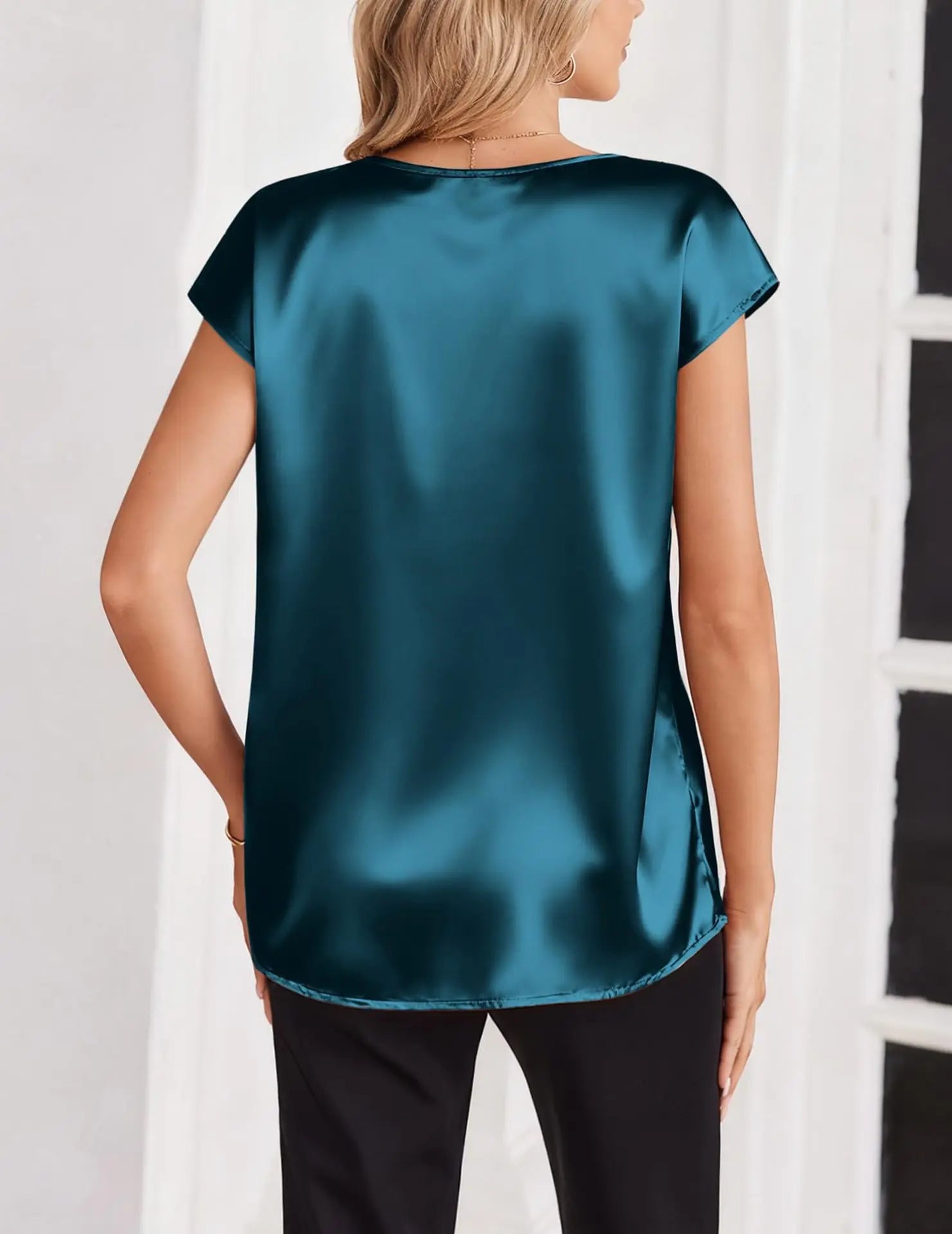 Women's Satin V-Neck Short Sleeve Blouse