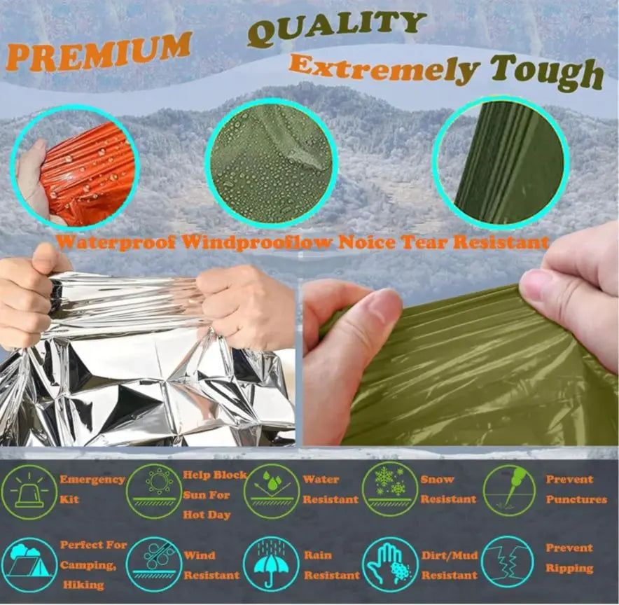 4X Survival Gear kit, Emergency Poncho (2pc), Emergency Space Blanket (2pc), Mylar Liner - Retains 92% Body Heat