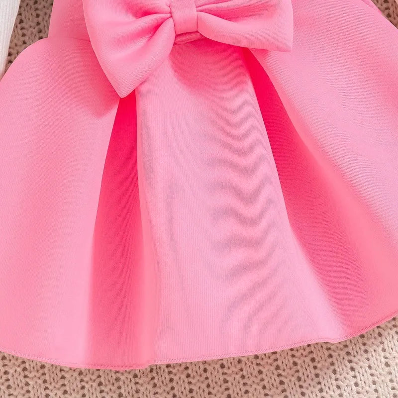 Girls' Off-Shoulder Bow Ruffle Sleeve Two-Piece Dress Set