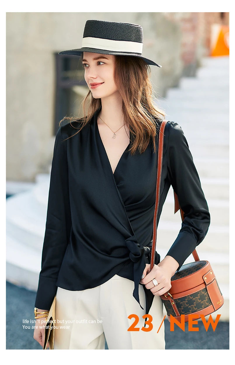 Women's Plus Size Satin Cross Lace-Up Blouse
