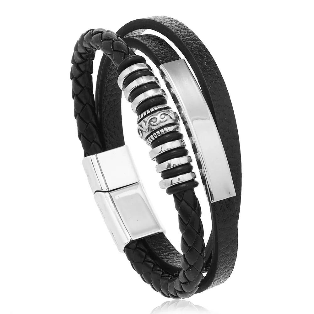 Men's Multilayer Leather & Braided Rope Bracelet – Vintage Aluminium Alloy Bangle | 21cm