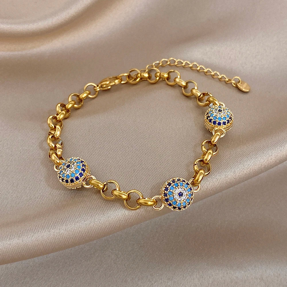 Greatera Blue-eyed Colored Rhinestone Inlaid Ball Bracelet For Women New Style 2026 Trendy Metal Stainless Steel Design Bangles