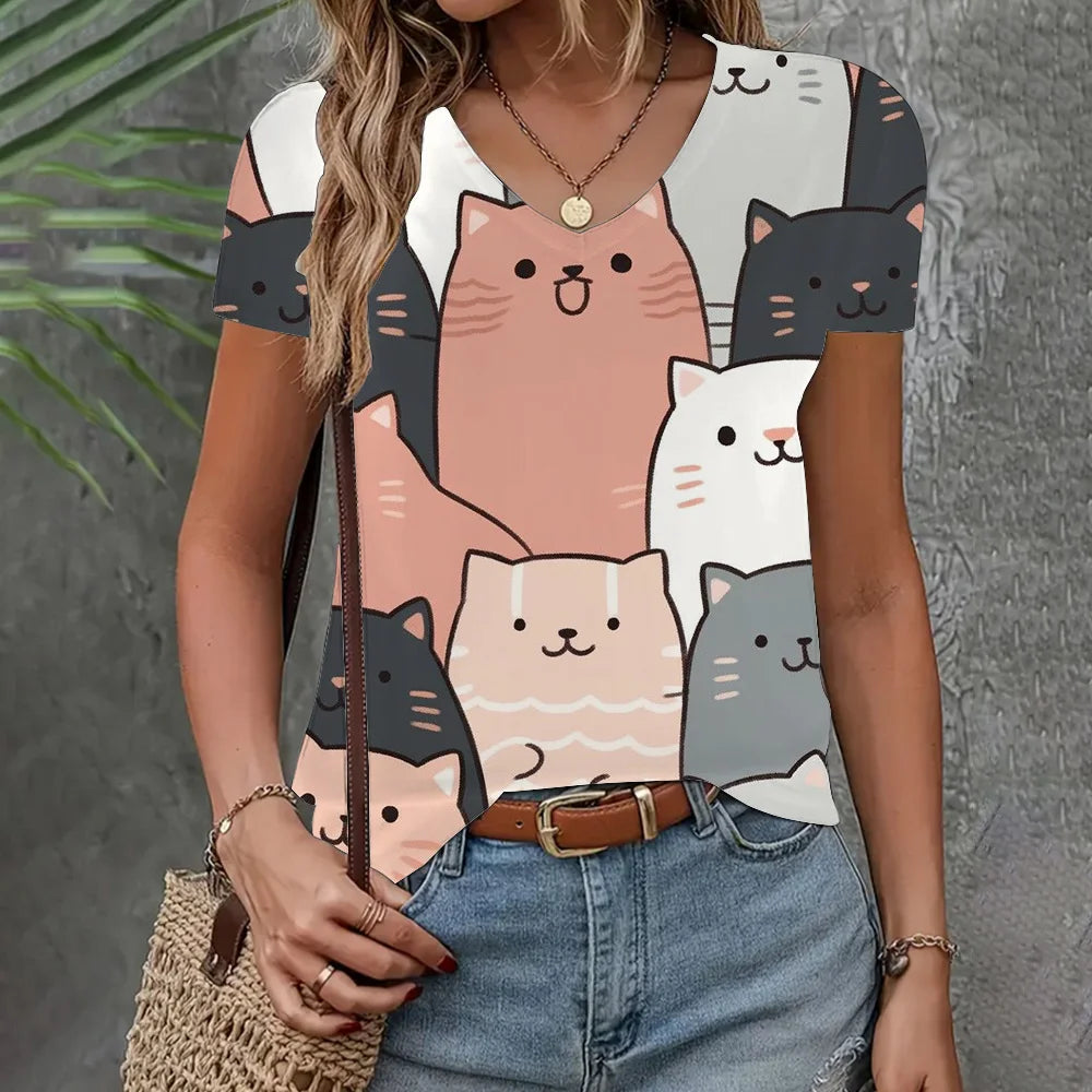 Women's Loose Short Sleeve 3D Cat Print T-Shirt – V-Neck Casual Summer Top