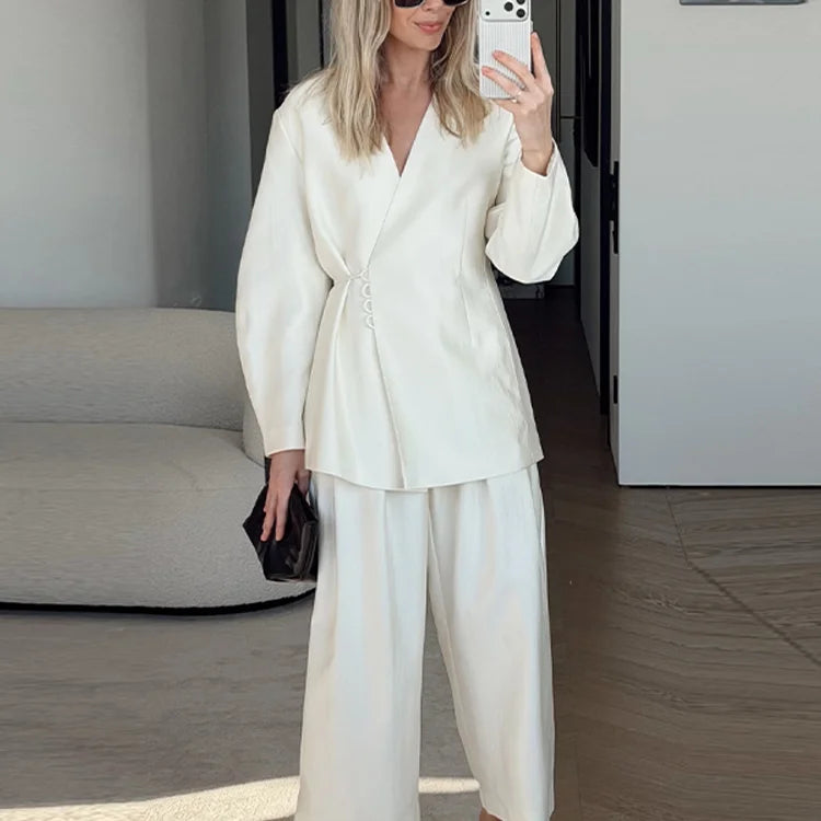 Elegant Stain Loose Jacket Pants Suit Women Solid Lace Up Full Sleeve V-neck Jackets Wide Leg Trousers Fashion Street Sets Lady