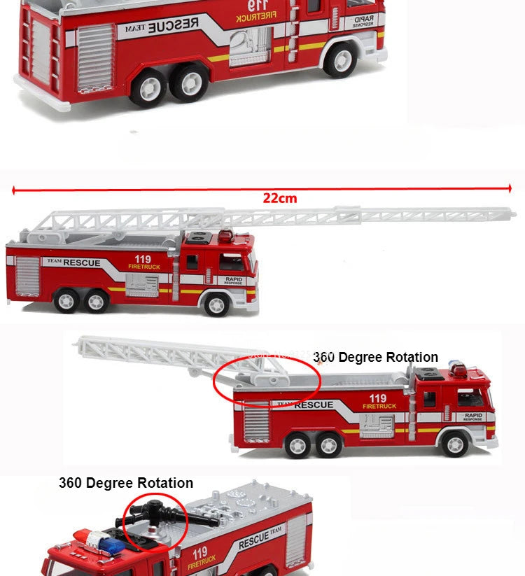 1:32 Fire Truck Model Toy Car Alloy Body Rubber Tire Music Light Pull Back Climbing Water Tank 119 Vehicles Models Toys Gifts