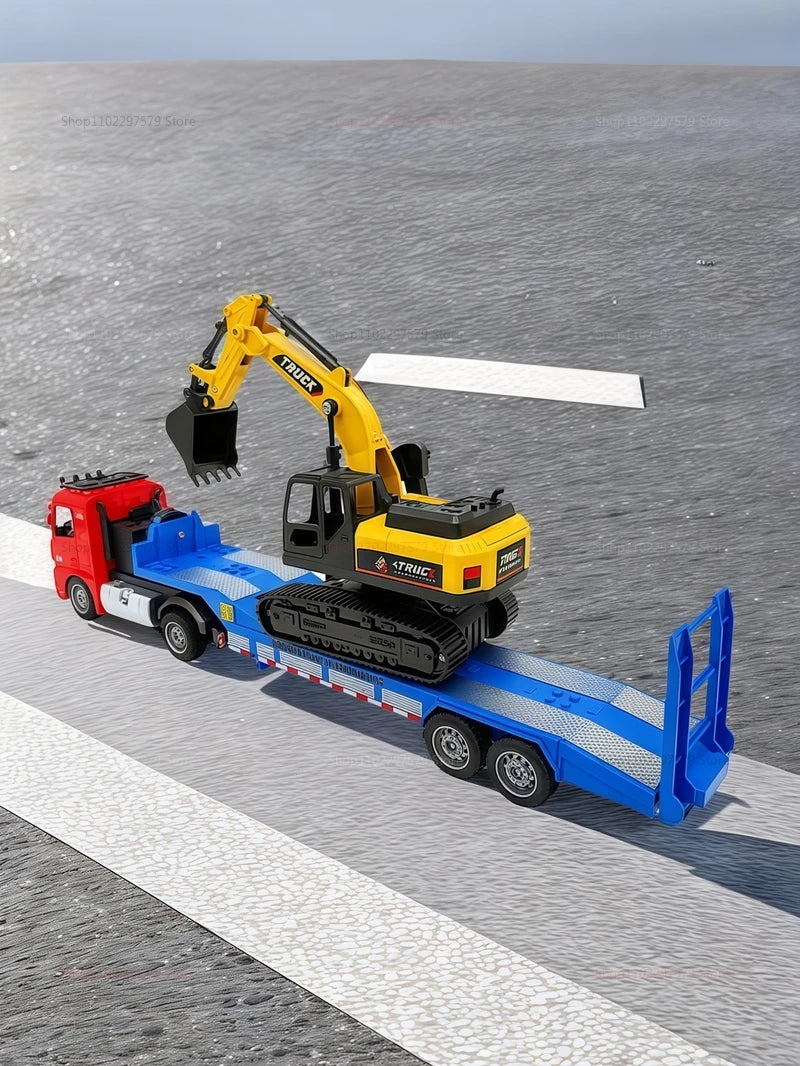 Large Flatbed Semi Truck Toy for Kids With Excavator 2-in-1 Alloy Engineer Vehicle 2.4G RC Car Toy for 2-5 Year Old Boy and Girl