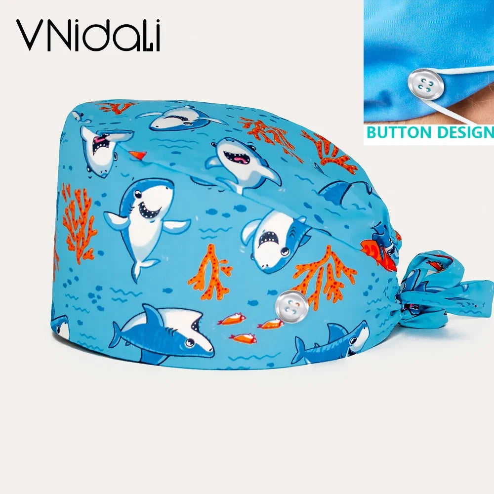 Floral Cotton Scrub Cap with Button – Adjustable Surgical Hat for Nurses, Doctors & Pet Groomers | 17 Colors