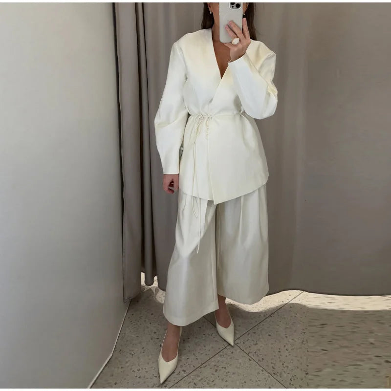 Elegant Stain Loose Jacket Pants Suit Women Solid Lace Up Full Sleeve V-neck Jackets Wide Leg Trousers Fashion Street Sets Lady