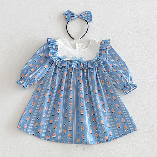 New Spring Sister Dress Kids Princess Dresses Long Sleeved Cotton Print 2-7Yrs Girl Party Dress Baby Girl Romper