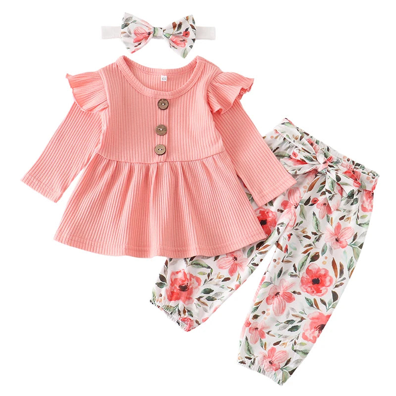 Newborn Baby Girl 3-Piece Knit Top, Floral Pants & Headband Set