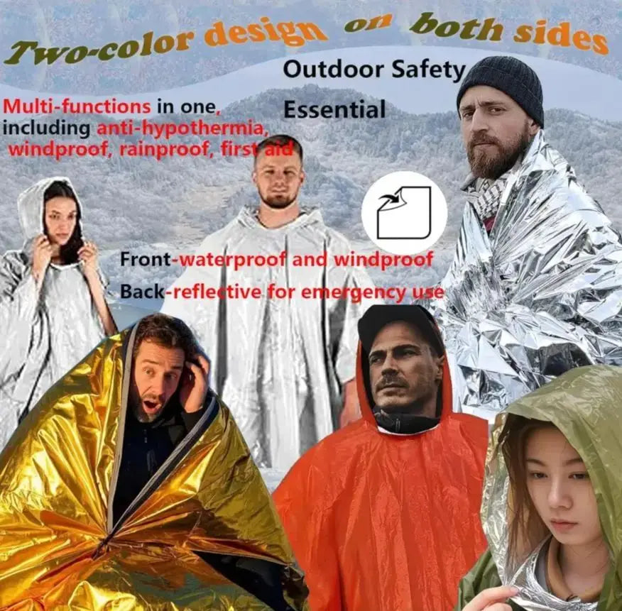 4X Survival Gear kit, Emergency Poncho (2pc), Emergency Space Blanket (2pc), Mylar Liner - Retains 92% Body Heat