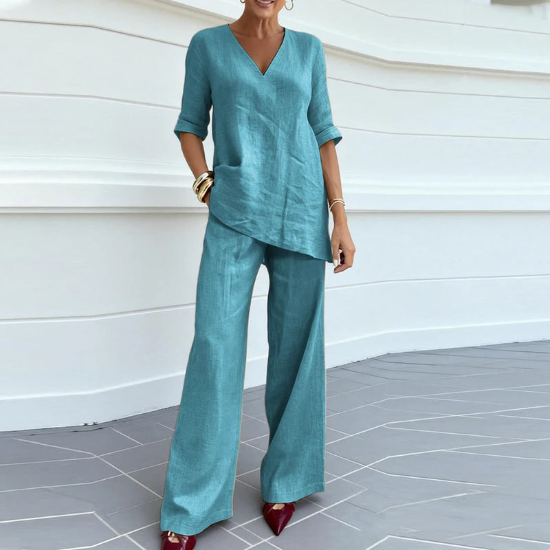 Summer Casual Solid V Neck Short Sleeve T-Shirts Loose Pocket Wide Leg Pants Suit Women Comfortable Beach Holiday Two Piece Set